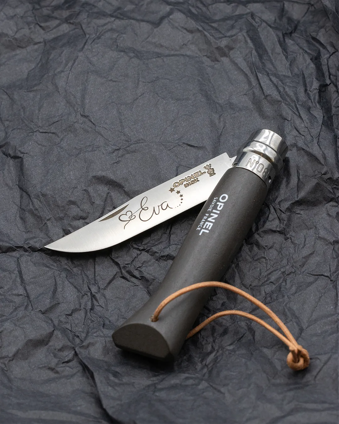 Opinel n°8 gravé au prénom, manche anthracite
