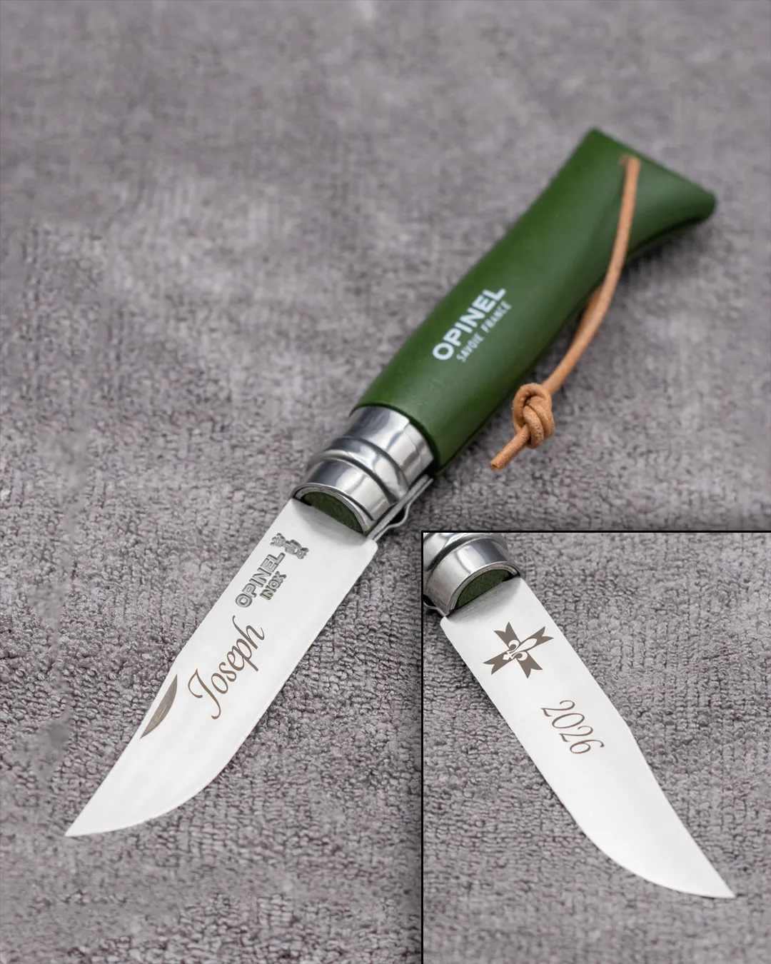 Opinel n°8 gravé, prénom et croix scoute